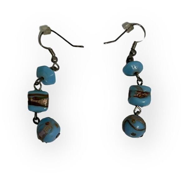 Chico's Funky Style Blue Gold Drop Earrings Sparkly Glitter Beads - Picture 1 of 5